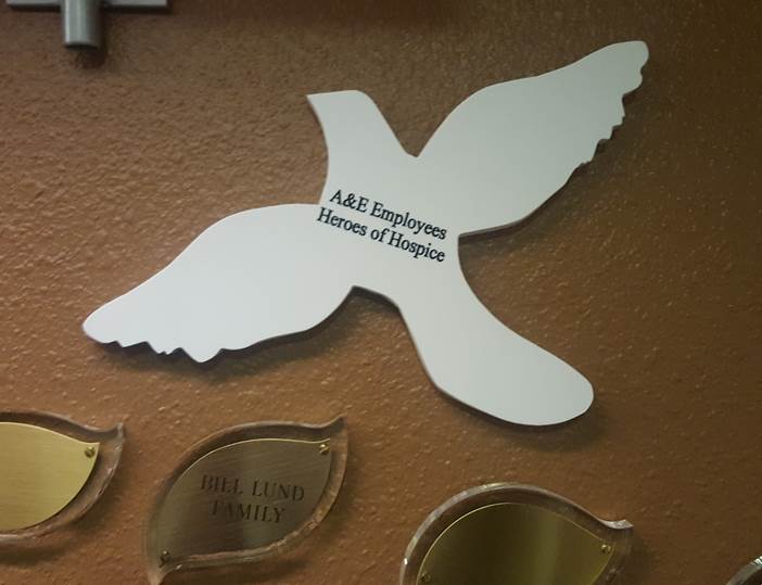 Dove symbolizing hope and freedom awarded for many donations to hospice over the years.