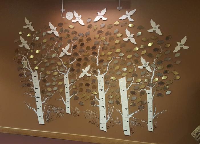 A tree holding many friends who have donated to hospice.